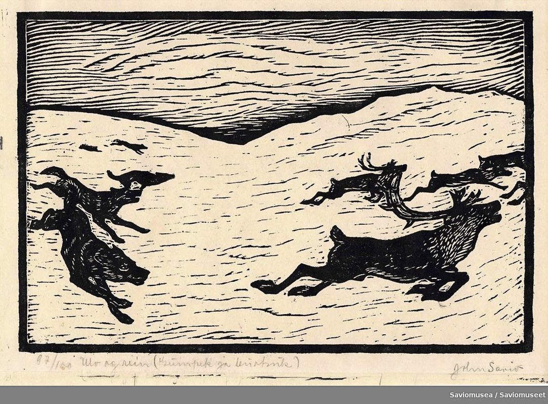 Wolves and reindeer, made by the Sami artist John Savio. Published with the permission of the Savio Museum in Kirkenes