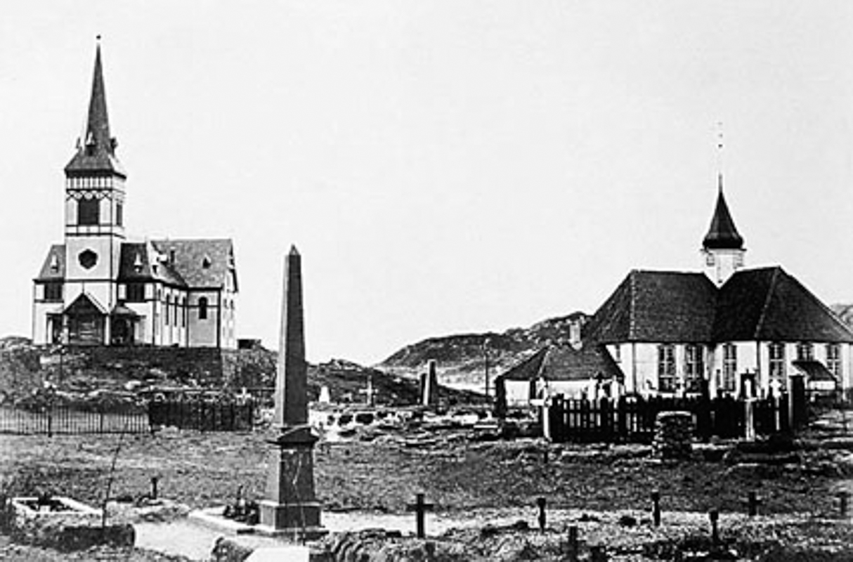 The old church of Vågan still standing while the new was being built. An even older church was moved to Værøy in 1799, and there it is still found