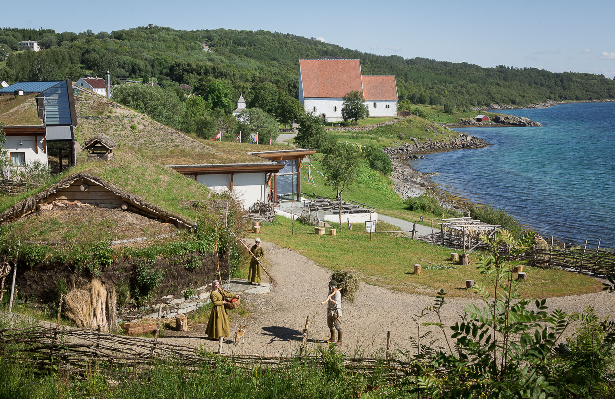 View from the medaeval farm past the Trondenes Historic Centre to the Church of Trondenes © Harriet M. Olsen/Sør-Troms museum