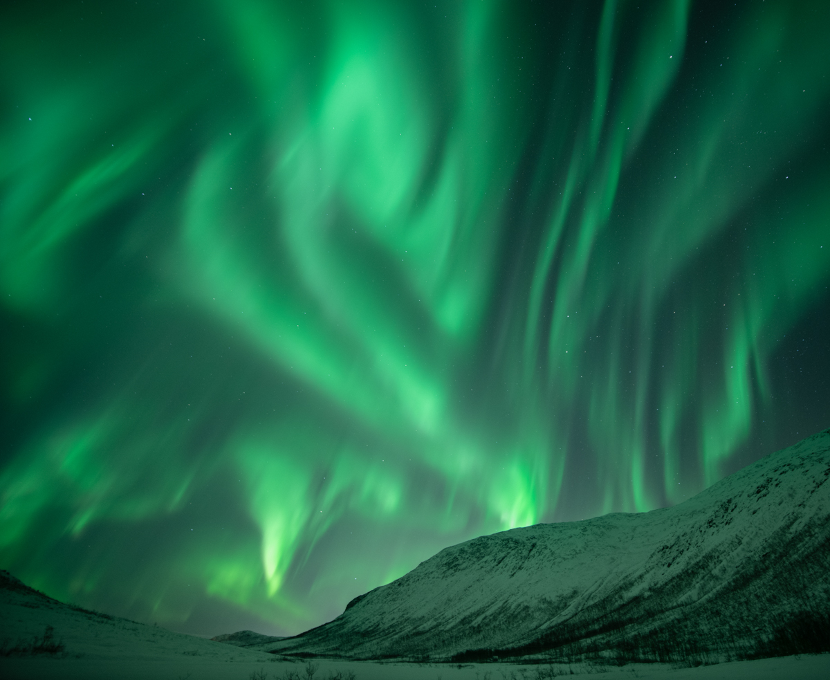 The Northern Lights dancling above the Skibotn valley, between the Lyngen Fjord and the Finnish border © Virgil Reglioni