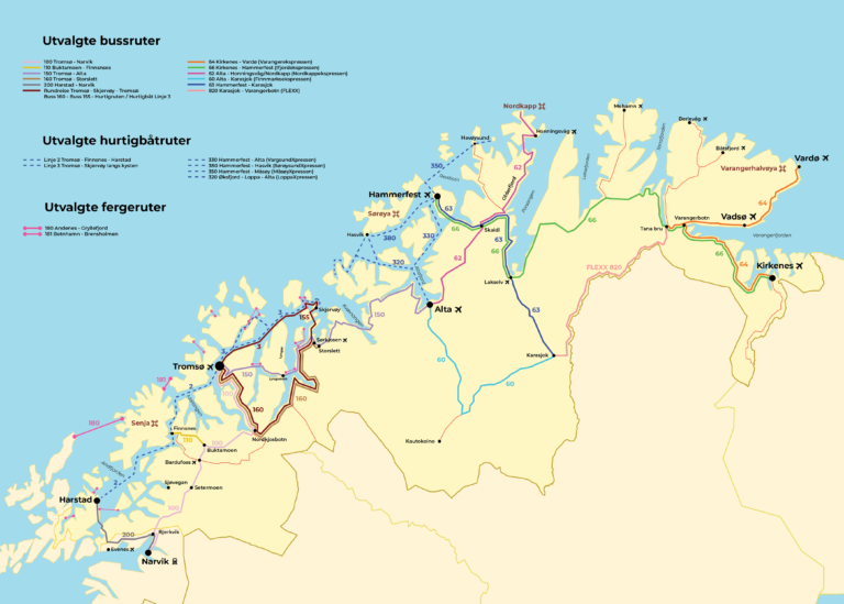 The major bus, boat and ferry routes in Troms og Finnmark. The numbers help you find departure times.