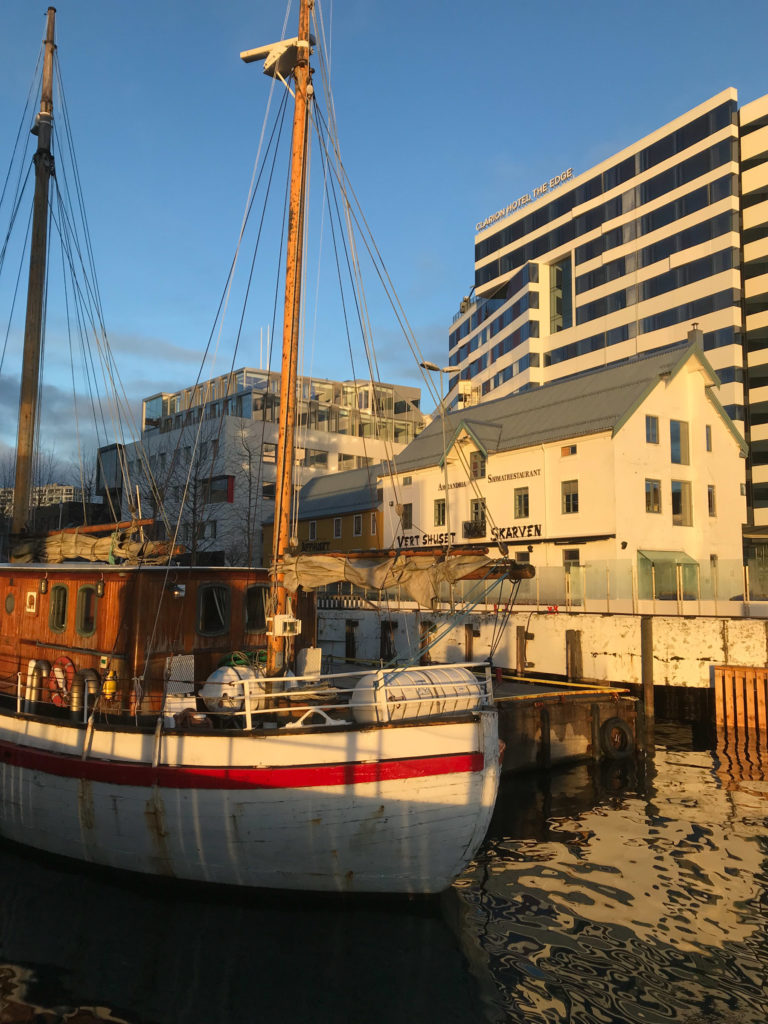 The good "Caroline Mathilde" built by the master ship builder Colin Archer in 1935 to rescue fishermen at sea, is sometimes seen at the Strandtorget dock, this time in October sunlight © Knut Hansvold