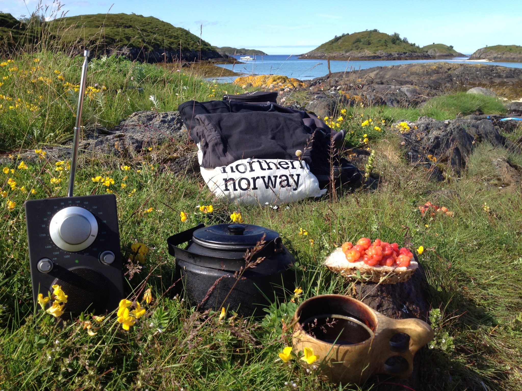 The travel radio, campfire coffee and freshly picked cloud berries in the Bodø archipelago. Photo: Roger Johansen / nordnorge.com