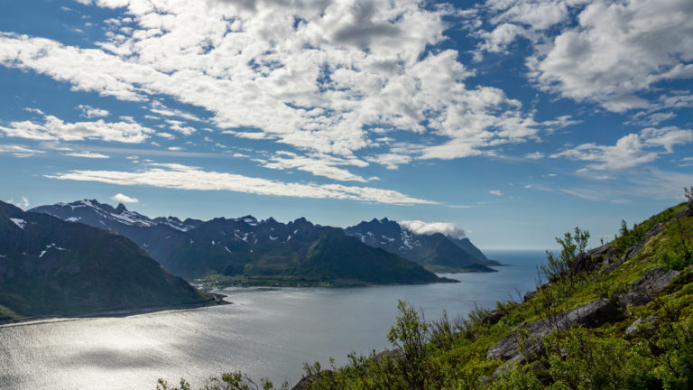 På vei opp mot Hesten. Utsikt mot de store fjordene på Senja

©Trine Kanter Zerwekh/Statens vegvesen