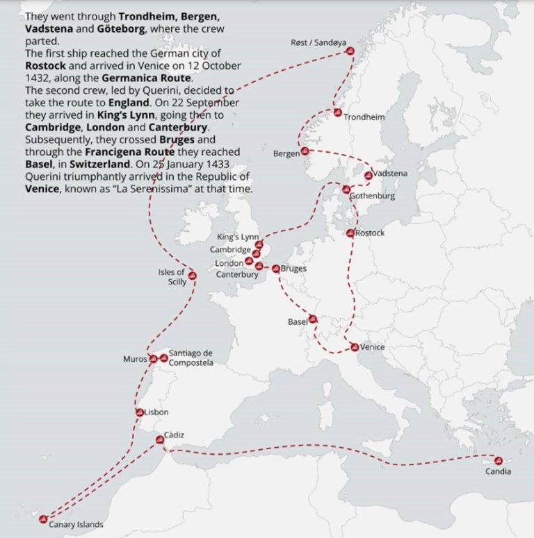 Querinis sjøreise i 1431 - 1433. Kart: viaquerinissima.net