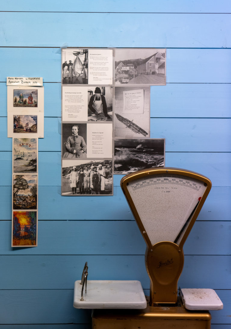 An old scale, old photos and small explanatory texts at the Kveitmuseet - Halibut Museum - at Skrolsvik, Senja © Dag Arild Larsen / MIdt-Troms museum