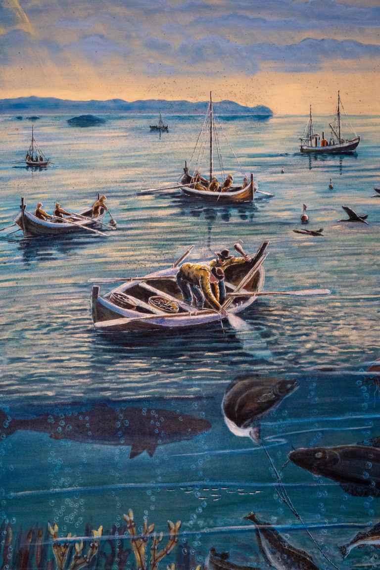 Halibut fishing at the Andfjord, with both traditional Nordland boats and then modern motorised boats, early 20th c. Illustration at the Kveitmuseet - Halibut Museum - in Skrolsvik © Dag Arild Larsen / MIdt-Troms museum