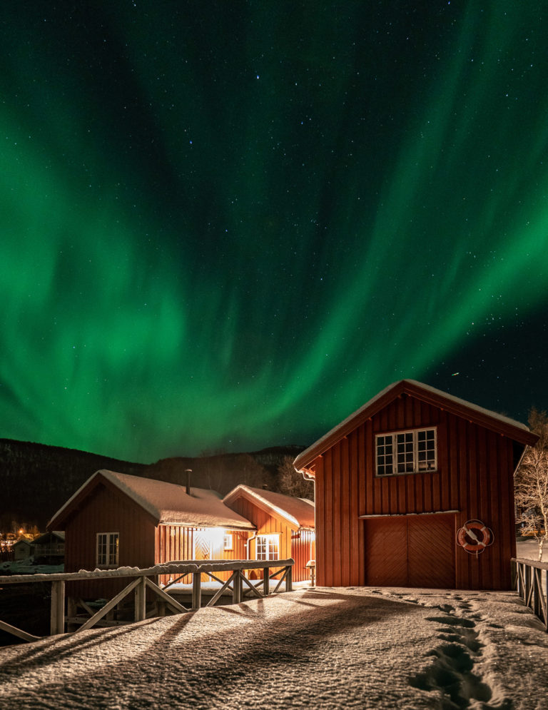 Winter night at Lenvik museum with northern lights © Dag Arild Larsen/Midt-Troms Museum