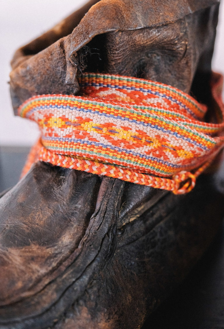 Sami leather shoes - komager - held in place with straps in patterns from Gárasavvon/Karesuando © Dag Arild Larsen/Midt-Troms Museum