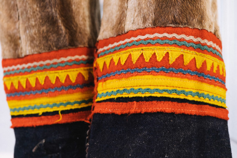 Sámi winter trousers with decorative ribbons in colours and patterns from Gárasavvon/Karesuando © Dag Arild Larsen/Midt-Troms Museum