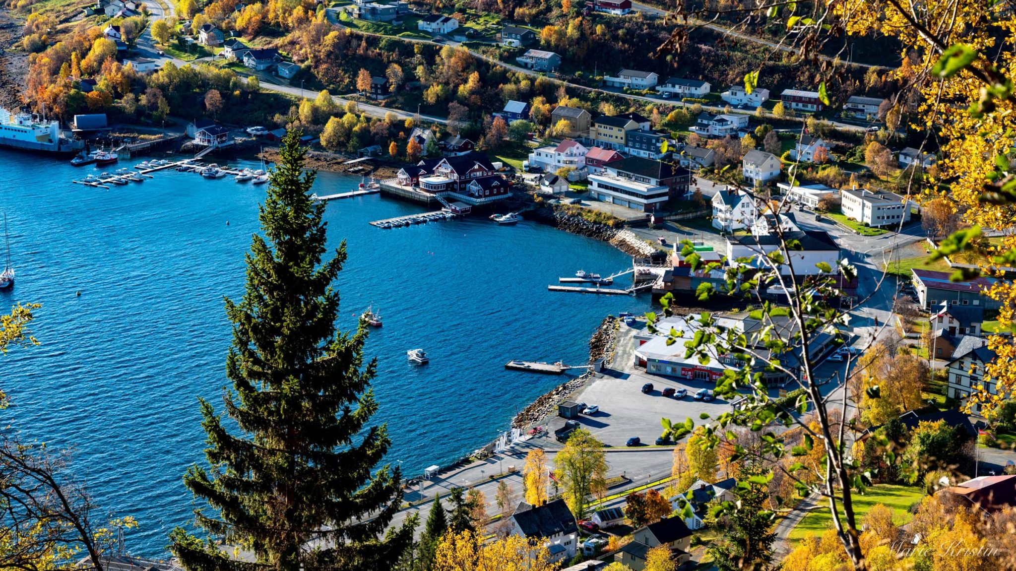 Lyngseidet village seen from the Lyngentrappa stairs in autumn colours © Marie Angelsen / Visit Lyngenfjord