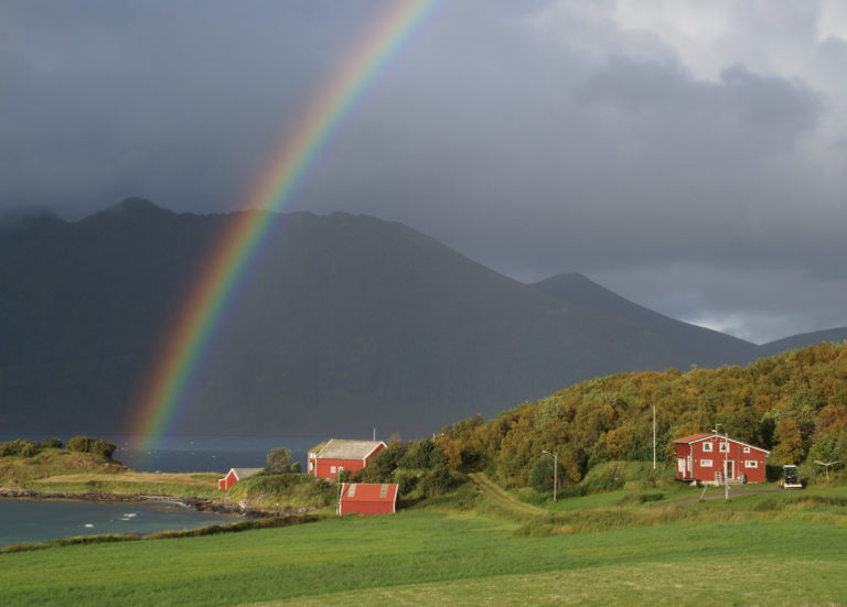 The green fields of Elgsnes, with the Raten promontory to the left in the back. Grytøya Island in the far back © Tore Ruud / Elgsnes