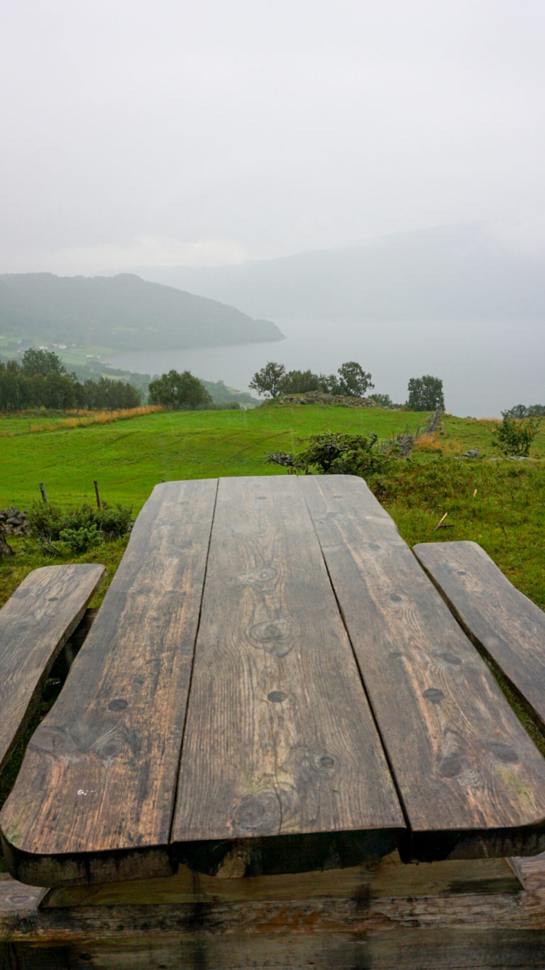 Coffee table with a view - albeit on a rainy day. Culture path Skallan - Rå, Kvæfjord © Knut Hansvold