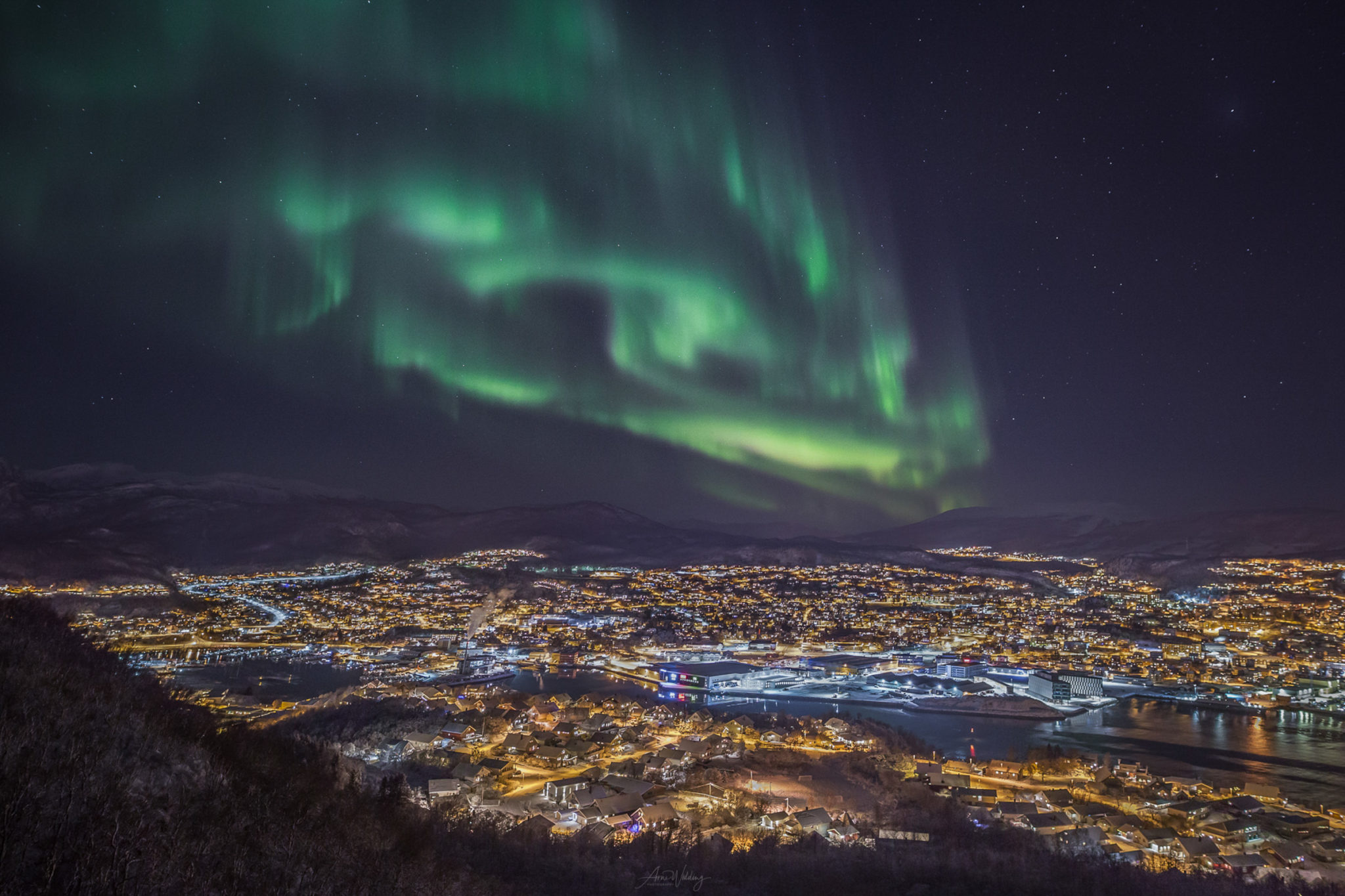 Winter night with northern lights over Harstad © Arne Widding