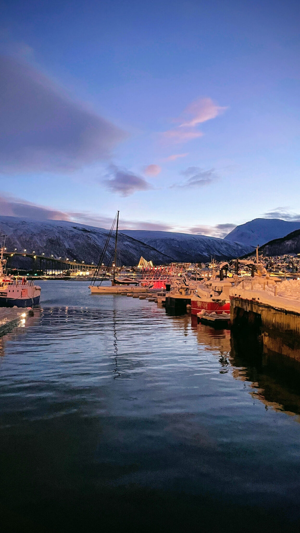 Sky in shades of blue and pink over Tromsø harbour. © Knut Hansvold