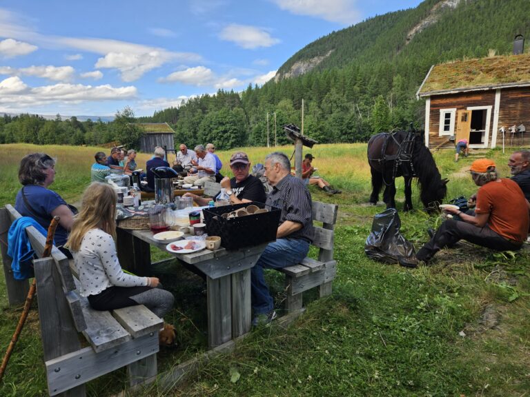 Lunsj under slåttedagen på Roparneset, Saltdal. Foto: Laila Ingvaldsen / Nordland nasjonalparksenter